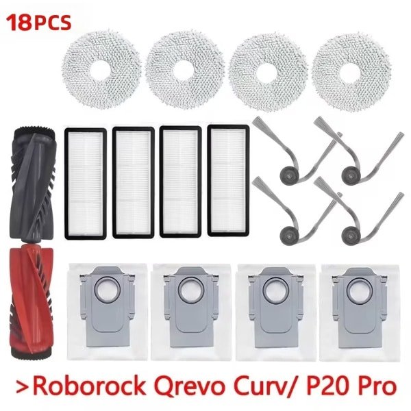18-delige Accessoireset - Geschikt voor Roborock P20 Pro/Qrevo S5V/Qrevo Curv/Qrevo Edge Robotstofzuiger - 2 Hoofdborstel, 4 Doeken, 4 Filters, 4 Zijborstels, 4 Stofzakken