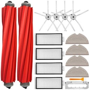 Accessoires voor Roborock robotstofzuigers: 4 witte vijfhoekige zijborstels, 4 filters, 2 hoofdborstels, 4 dweilpads, 1 hoofdborstelkap en 1 witte borstel met oranje handvat.