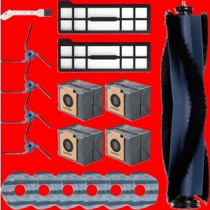 Set van 18 accessoires geschikt voor de Eufy X10 Pro Omni robotstofzuiger: inclusief 1 rolborstel, 2 filters, 6 dweilpads, 4 zijborstels, 4 stofzakken en 1 reinigingsborstel voor optimale reinigingsprestaties.