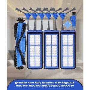 Accessoireset Vervangende onderdelen geschikt voor Eufy RoboVac G30 Edge/11S Max/15C Max/30C MAX/G30/G30 MAX/G30 Hybrid Robotstofzuiger, 1 x hoofdborstel, 3 x HEPA-filters, 6 x zijborstels (10 stuks)