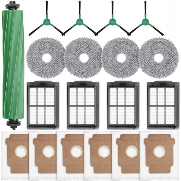 19 accessoires voor de iRobot Roomba Plus 405/505 Combo robotstofzuiger: 6 stofzakken, 4 zijborstels, 4 doekjes, 4 filters en 1 hoofdborstel.