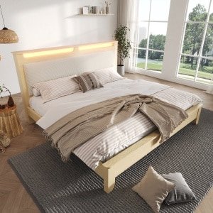 HAUSS SPOLE Tweepersoonsbed 140x200 cm - Hoofdeinde met LED en Opbergruimte - Onderbed Opberging voor Robotstofzuiger - Cordstof; Hout - Beige - Zonder Matras