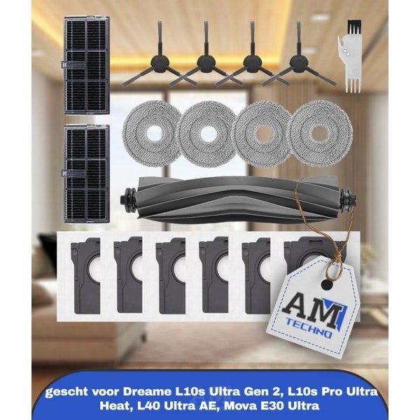 Accessories Kit gescht voor Dreame L10s Ultra Gen 2, L10s Pro Ultra Heat, L40 Ultra AE, Mova E30 Ultra Robotstofzuiger, 1 Hoofdborstel, 2 HEPA-Filters, 4 Zijborstels, 4 Dweildoeken, 6 Stofzakken