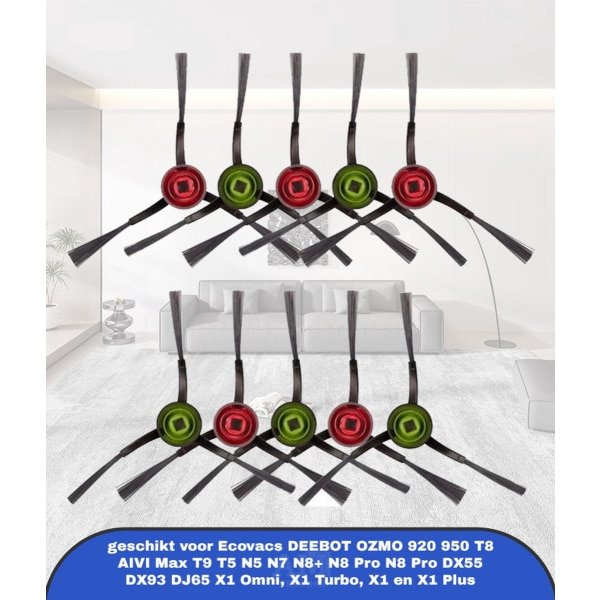(10 Stuks) Zijborstel Vervangende Onderdelen geschikt voor Robotstofzuiger Ecovacs DEEBOT OZMO 920 950 T8 AIVI Max T9 T5 N5 N7 N8+ N8 Pro N8 Pro DX55 DX93 DJ65 X1 Omni, X1 Turbo, X1 en X1 Plus
