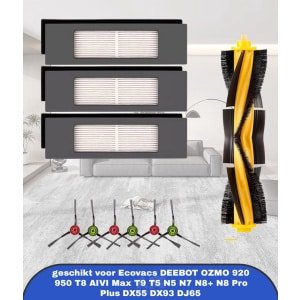 (10 stuks) vervangende stofzuigerzakken geschikt voor Ecovacs DEEBOT OZMO 920 950 T8 AIVI Max T9 T5 N5 N7 N8+ N8 Pro Plus DX55 DX93 DJ65 robotstofzuiger accessoirekit, 1 hoofdrolborstel, 3 HEPA-filters, 6 zijborstels