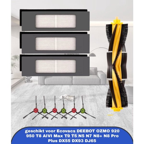 (10 stuks) vervangende stofzuigerzakken geschikt voor Ecovacs DEEBOT OZMO 920 950 T8 AIVI Max T9 T5 N5 N7 N8+ N8 Pro Plus DX55 DX93 DJ65 robotstofzuiger accessoirekit, 1 hoofdrolborstel, 3 HEPA-filters, 6 zijborstels