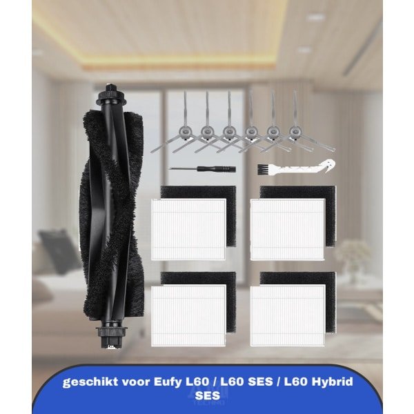 13-delige accessoireset voor Eufy L60 / L60 SES / L60 Hybrid SES robotstofzuiger, reserveonderdelen, accessoires, 1 hoofdborstel, 4 Hepa-filters, 6 zijborstels, 1 reinigingsaccessoires, 1