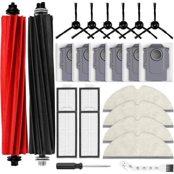 24-delig accessoireset gescht voor Roborock Q8 Max/Q5 Pro/Q5 Pro+/Q8 Max+ robotstofzuiger - 2 hoofdborstels, 6 stofzakken, 4 dweilpads, 4 HEPA-filters, 6 zijborstels, 1 reinigingsborstel, 1 schroevendraaier