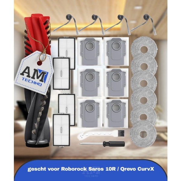 24 stuks accessoires gescht voor Roborock Saros 10R / Qrevo CurvX robotstofzuiger, 2 hoofdborstels, 6 stofzakken, 6 dweilpads, 4 HEPA-filters, 4 zijborstels, 1 reinigingsborstel, 1 schroevendraaier