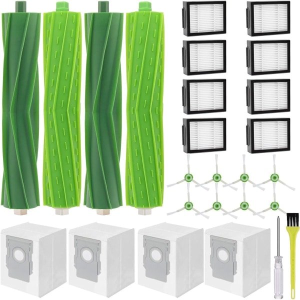 Accessoires geschikt voor iRobot Roomba i7 i7+ / i7 Plus E5 E6 E7 robotstofzuiger, reserveonderdelen met 4 rubberen borstels, 8 filters, 8 zijborstels, 4 stofzakken, 1 schroevendraaier, 1