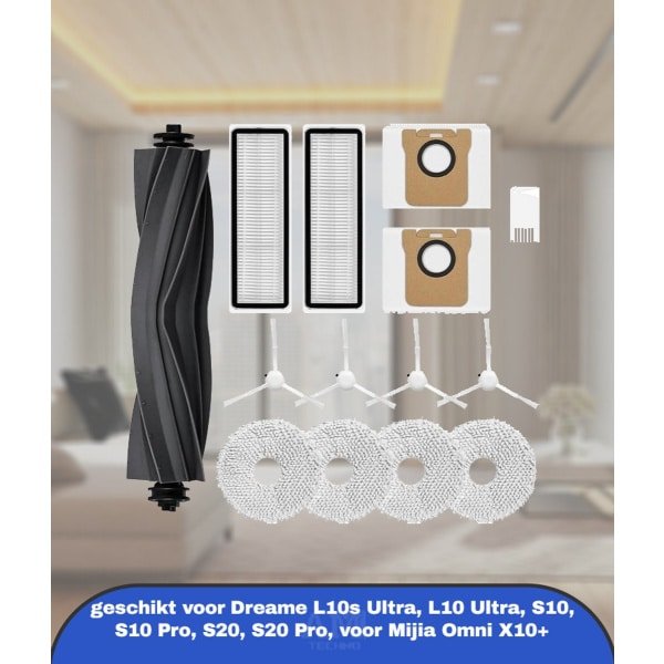 Accessoireset voor Dreame L10s Ultra, L10 Ultra, S10, S10 Pro, S20, S20 Pro, voor Mijia Omni X10+ Robotstofzuiger, reserveonderdelen, 1 rubberen borstel, 4 zijborstels, 2 filters, 2 stofzakken, 4 pads