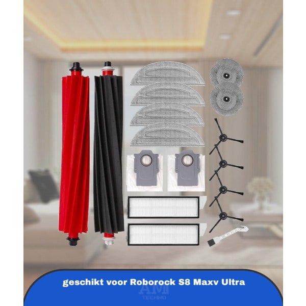 Accessoireset voor Roborock S8 Maxv Ultra Robotstofzuiger, reserveonderdelen, 2 rolborstels, 2 filters, 6 dweilpads, 4 zijborstels, 2 stofzakken, 1 schone borstel