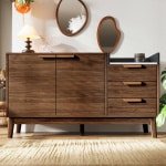 BLACKCOLORS Saloncommode in eikenhouten decor met marmerlook blad - open plank + 3 laden en kast met dubbele deuren (in hoogte verstelbaar binnenin) - massief houten poten en geschikt voor robotstofzuigers, H77/L120/P40 cm