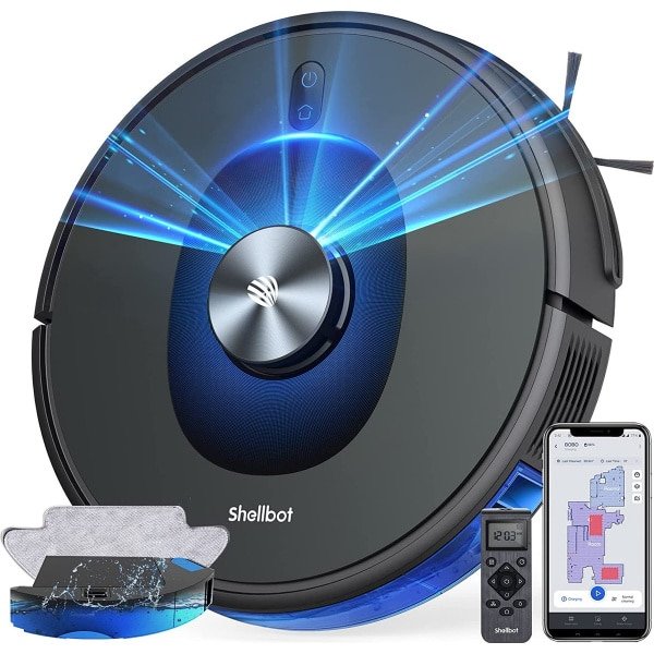 Bagotte Shellbot SL60 Robotstofzuiger met Dweilfunctie, 2-in-1 Self-charging Shellbot SL60 Robot Vacuum Cleaner, Laser Lidar Navigatie met Camera, 4000Pa Sterke Zuigkracht, 200 Mins+ Runtime, App No-go Zone, Compatibel met App,Alexa, Google Assistant