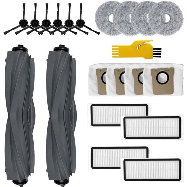 Deze accessoirekit Geschikt voor Dreame L20 Ultra robotstofzuiger bevat 20 reserveonderdelen: 2 rolborstels, 4 filters, 6 zijborstels, 4 dweilpads en 4 stofzakken.