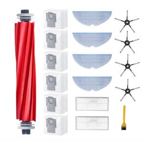 Een 17-delige accessoirekit, compatibel met de Roborock S7 MaxV Ultra/S7 Pro Ultra/S7 Max Ultra robotstofzuigers. Inclusief 1 hoofdborstel, 6 stofzakken, 4 dweilpads, 2 HEPA-filters en 4 zijborstels (zwart).