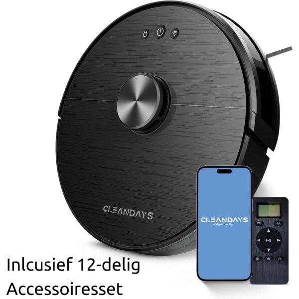 Lidar Robotstofzuiger met Dweilfunctie - Laser Navigatie - geschikt voor huisdieren - met laadstation - CleanDays XR-500 - Inclusief Accessoires Pakket