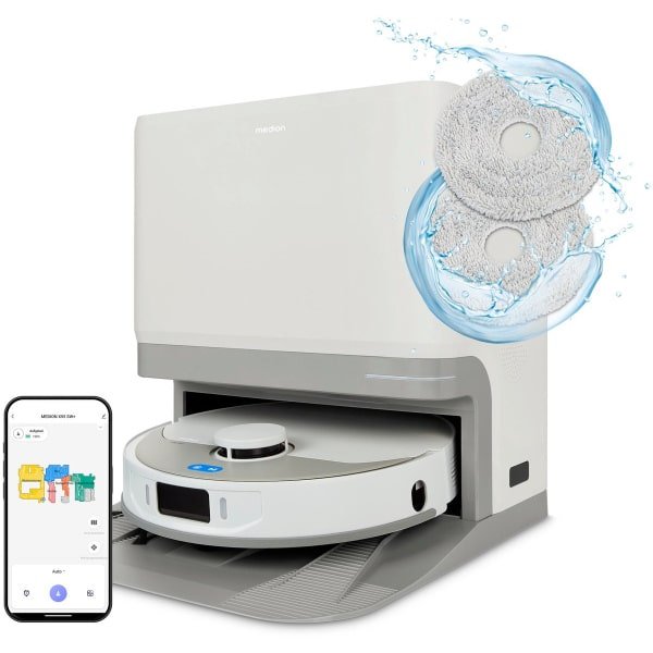 MEDION Robotstofzuiger met 3-in-1 afzuigstation, lasernavigatie en dweilfunctie X55 SW+ (10.000 Pa zuigkracht, roterende moppen, kruislasertechniek)