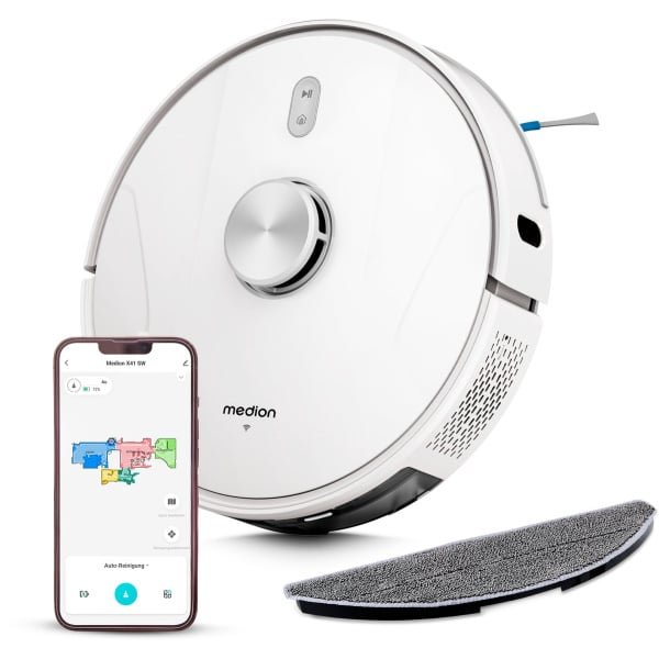 MEDION robotstofzuiger met lasernavigatie en wisfunctie X41 SW (krachtige 8000Pa zuigkracht, 2in1 robotstofzuiger, nauwkeurig in kaart brengen, Go & No Go zones, meerdere vloeren)