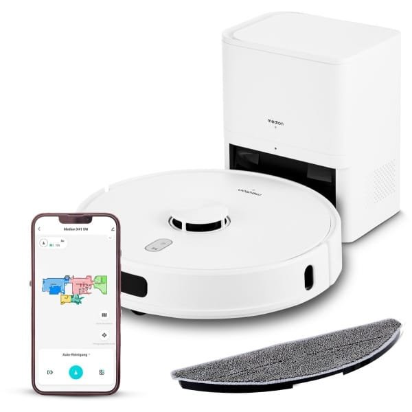 MEDION robotstofzuiger met zuigstation, lasernavigatie en wisfunctie X41 SW+ (krachtige 8000Pa zuigkracht, 2in1 robotstofzuiger, nauwkeurig in kaart brengen, Go & No Go zones, meerdere vloeren)