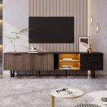 Pugsdrly Modern - TV-kast 200 cm - Zwarte marmerlook & donker hout - Met verstelbare ledverlichting - 2 deuren + 2 lades, geschikt voor robotstofzuiger