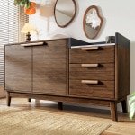 Pugsdrly Saloncommode in eikenhouten decor met marmerlook blad - open plank + 3 laden en kast met dubbele deuren (in hoogte verstelbaar binnenin) - massief houten poten en geschikt voor robotstofzuigers, H77/L120/P40 cm