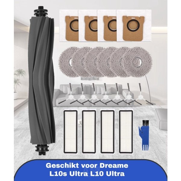 Reserveonderdelen accessoireset Geschikt voor Dreame L10s Ultra / L10 Ultra/robotstofzuiger, 1 hoofdborstel, 7 zijborstels, 4 filters, 6 dweilpads, 4 stofzakken, 1 x reinigingsborstel,