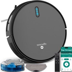 SereneLife Smart Robotstofzuiger met Dweilfunctie - 3000Pa Zuigkracht, App-besturing, 4 Schoonmaakmodi, Anti-Val Sensoren, Zelf-oplaadfunctie, Ideaal voor Dierenharen, Harde Vloeren en Tapijt, Zwart