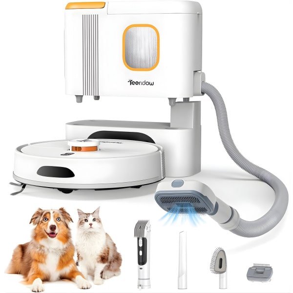 Teendow D20S Max+ Robotstofzuiger & Vachtverzorging Huisdieren - Complete Groomingkit - 3L Zelfledigend Dock, 6000Pa, Dweilfunctie, PreciSense LiDAR, App & Spraakbediening