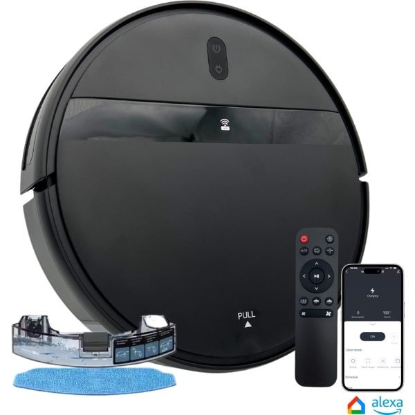UMBRION Robotstofzuiger met dweilfunctie - robotstofzuiger - draadloze stofzuiger - robotstofzuiger huisdieren - robotstofzuiger met laadstation - 120 min stofzuigen - bediening via App, Afstandbediening, Google Home, Alexa - cadeau tip