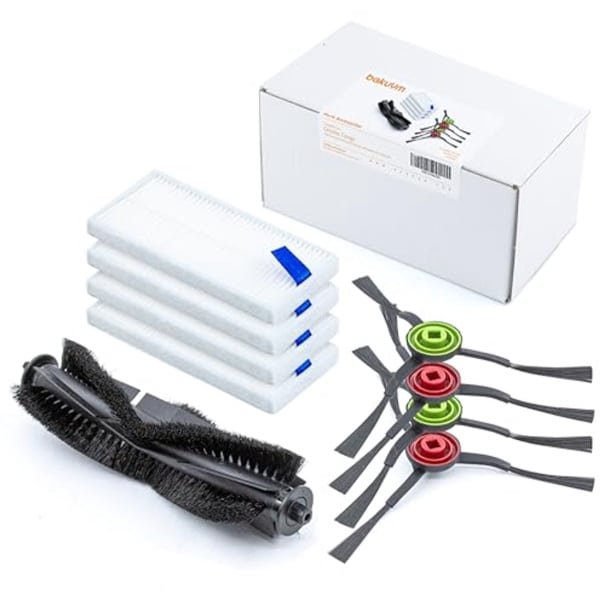 Verpakking met zijborstels, filters en centrale rol voor robotstofzuigers