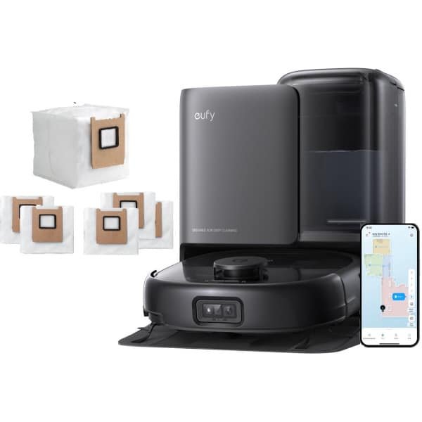 eufy Robotstofzuiger Omni E25 met 6 stofzakken, HydroJet dweilsysteem, 20.000 Pa zuigkracht, DuoSpiral borstels die ontklitten, CornerRover arm voor het schoonmaken van hoeken, alles-in-één station