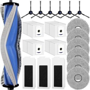 Een 20-delige accessoirekit voor de ECOVACS DEEBOT T30 PRO Omni / T30 Omni / T30 Max robotstofzuiger, inclusief 1 rubberen hoofdborstel, 4 stofzakken, 6 dweilpads, 3 filters, 6 zijborstels en reserveonderdelen voor de robotstofzuiger.