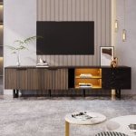 HAUSS SPOLE TV-Meubel - Breed 200x38x50 Cm Met Instelbare LED-Verlichting En 2 Deuren 2 Laden - Robotstofzuiger-Vriendelijk Voor Woonkamer En Interieur - MDF - Zwart/Houtnerf