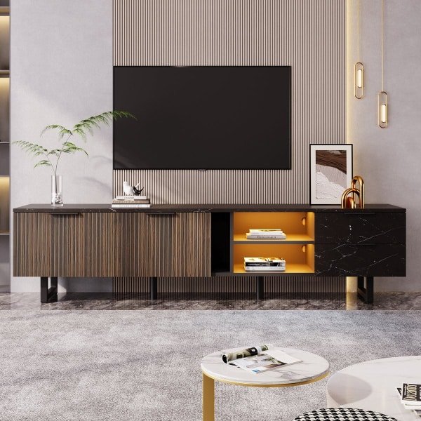 HAUSS SPOLE TV-Meubel - Breed 200x38x50 Cm Met Instelbare LED-Verlichting En 2 Deuren 2 Laden - Robotstofzuiger-Vriendelijk Voor Woonkamer En Interieur - MDF - Zwart/Houtnerf