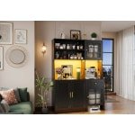 Industrial Home Luxe Zwarte Keukenkast met Glazen Deuren - 130 x 45 x 180 cm - Moderne Buffetkast met LED Verlichting, Lades & Open Planken - Hoge Opbergkast met App-gestuurde Kleurenverlichting & Ruimte voor Robotstofzuiger - Dressoir met Gouden Han