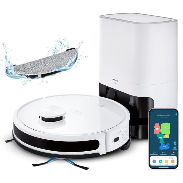 MEDION robotstofzuiger met zuigstation en dweilfunctie X20 SW+ (lasernavigatie, krachtige 3000Pa zuigkracht, 2in1 robotstofzuiger, nauwkeurig in kaart brengen, Go & No Go zones, meerdere vloeren)