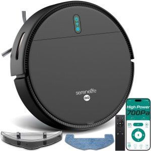 SereneLife Slimme Robotstofzuiger en Mop Combo, App-besturing, 3 Schoonmaakmodi, Anti-Val Sensoren, Zelf-oplaadfunctie, 700Pa Zuigkracht Ideaal voor Dierenharen, Tapijt en Harde Vloeren, Zwart