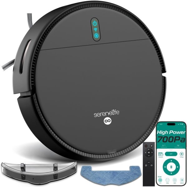 SereneLife Slimme Robotstofzuiger en Mop Combo, App-besturing, 3 Schoonmaakmodi, Anti-Val Sensoren, Zelf-oplaadfunctie, 700Pa Zuigkracht Ideaal voor Dierenharen, Tapijt en Harde Vloeren, Zwart