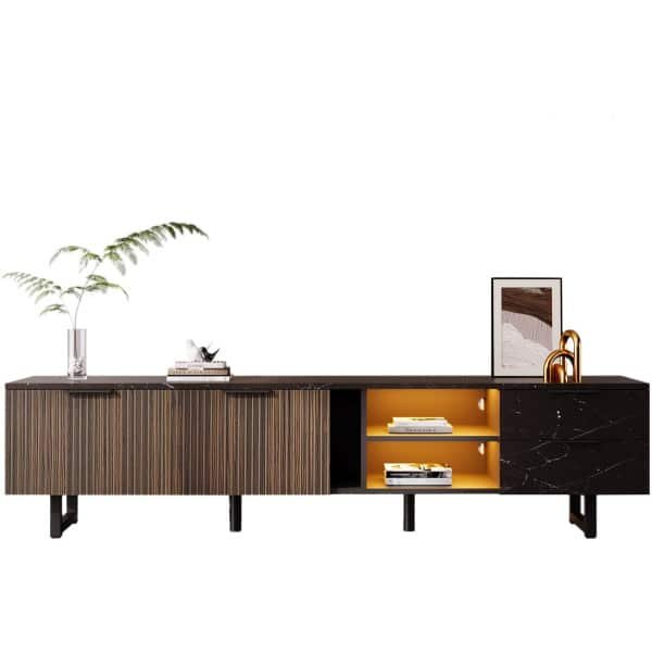 TV Kast - 200 cm - Marmerlook met LED - Geschikt voor Robotstofzuiger - Hout - Zwart