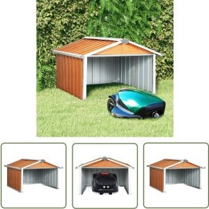 vidaXL Robotgrasmaaier Garage - Robotmaaier Overkapping - Overkapping voor robotmaaier 92x97x63 cm staal bruin - Robotmaaier Schuur - Buitenschilderij Robotmaaier - Robotmaaier Bescherming