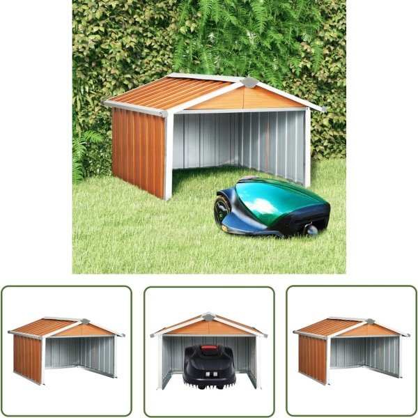 vidaXL Robotgrasmaaier Garage - Robotmaaier Overkapping - Overkapping voor robotmaaier 92x97x63 cm staal bruin - Robotmaaier Schuur - Buitenschilderij Robotmaaier - Robotmaaier Bescherming