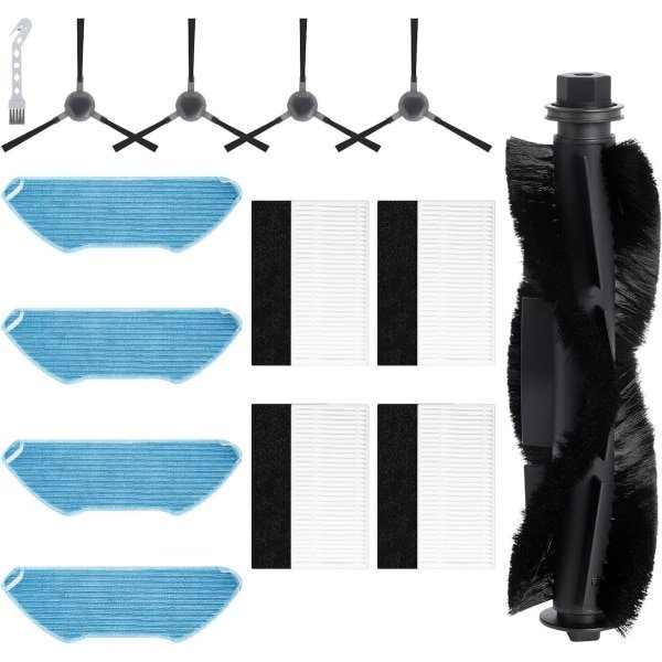 Accessoireset voor robotstofzuiger: hoofdborstel, filters, dweilpads, zijborstels.