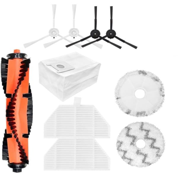 Compatibele accessoires voor de Roidmi EVA robotstofzuiger SDJ06RM: hoofdborstel, zijborstel, dweil, stofzak, filterzak en dweildoek.