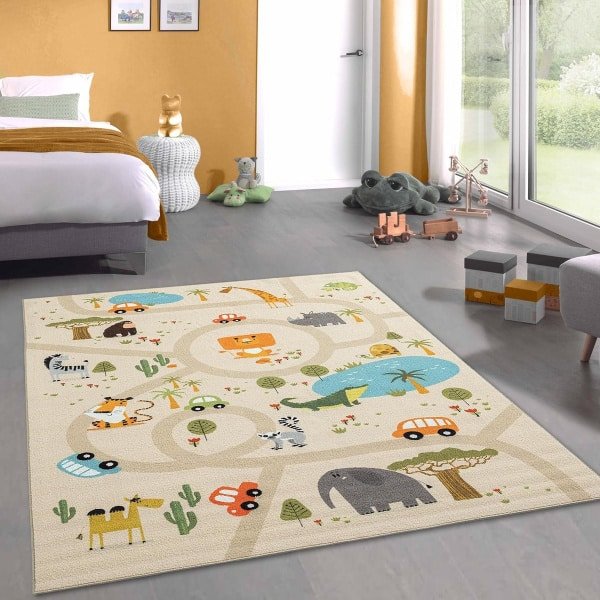 Kinderkamertapijt met Dschungel Motief - Antislip Speelkleed 160x220 cm - Zacht Vloerkleed voor Kinderkamer - Beige Safari Tapijt - Geschikt voor Robotstofzuiger