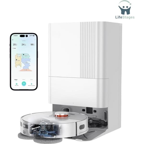 LifeStages - Robotstofzuiger Met Laadstation - Robotstofzuiger Met Dweilfunctie En Hefmop - 8000PA Alles-In-Eén - Schoonmaakstation - Obstakelvermijding - Adaptief Zijdelings Dweilen - Hete Lucht Drogen - Wit