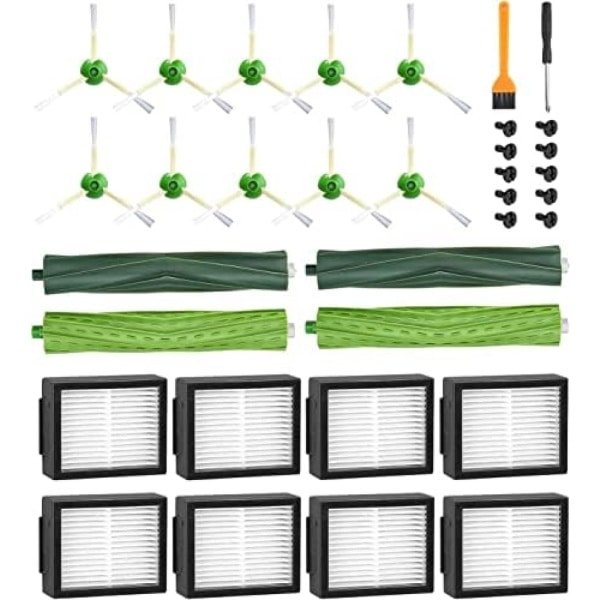 Reserveonderdelen voor Roomba E & I Serie E5 E6 i7 i7+ i3 i3+ i4 i4+ i6 i6+ j7 j7+ robotstofzuiger, accessoires, 2 set rubberen borstels, 8 filters, 10 zijborstels