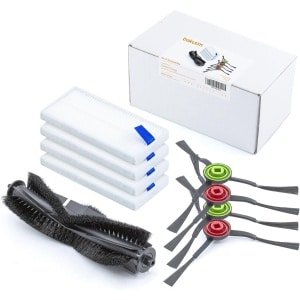 Verpakking met zijborstels, filters en centrale rol voor robotstofzuigers