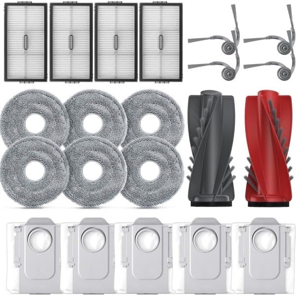 21 stuks Vervangende accessoires - geschikt voor Roborock Saros 10R, Qrevo CurvX en Qrevo Curv 2 Pro robotstofzuigers - 1 hoofdborstel, 4 zijborstels, 4 HEPA-filters, 6 reinigingsdoeken en 6 stofzakken.