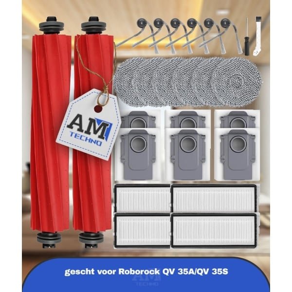 26 stuks accessoires geschikt voor Roborock QV 35A/QV 35S robotstofzuiger, 2 hoofdborstels, 6 stofzakken, 6 dweilpads, 4 HEPA-filters, 6 zijborstels, 1 reinigingsborstel, 1 schroevendraaier